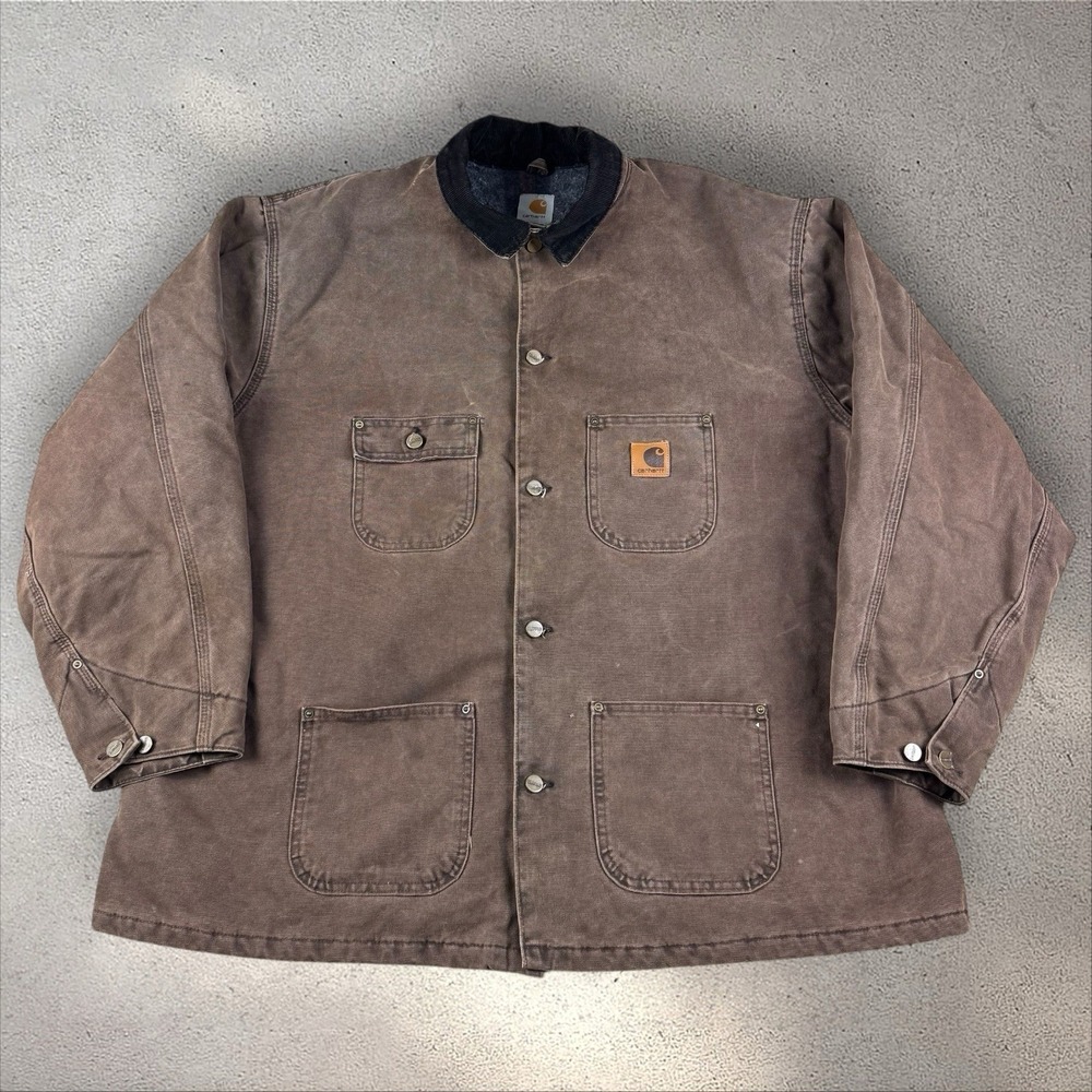Carhartt C02 CHT Brown Button Up Jacket Size 3XL XXXL Chore Coat Blanket Lined
